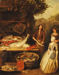 Egy halkereskedő, aki csukát mutat be egy szobalánynak, 1727
