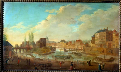Kilátás a Louviers-szigetre és a Saint Louis-sziget pontjára Pierre Demachy (1723-1807) festménye Saint Paul portájáról 1780 V. 0,32x0,53 m Párizs, Musee Carnavalet