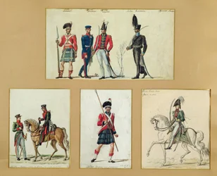 Skót katonák és porosz, angol, hannoveri és orosz tisztek egyenruhája 1814-ben