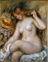 Szőke fürdőző. Meztelen nő nagyon hosszú hajjal. Pierre-Auguste Renoir festménye