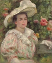 fiatal lány, között, virágok, vagy, nő, fehér, kalap; Fiatal lány arany virágokban Nő fehér kalapban, 1895 körül
