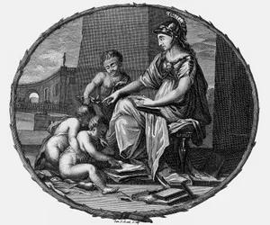 Az értelem és a kreativitás női allegóriája gyermekekkel körülvéve,1695-1697 (metszet)