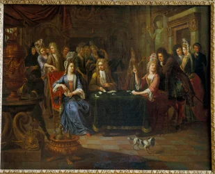 Nemes kártyajátékosok kártyáznak a nappaliban. Pierre Bergaigne (1652-1708) festménye 1699 Arras, Musee Des Beaux Arts