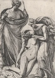 A Szobrászat ájuló megszemélyesítőjét alátámasztó tanulmány, mellettük állva, Fran..., 1607-61.