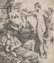 A három gráciával álló Vénusznak felajánlanak egy puttó virágot, 1607-61.