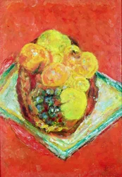 Őszibarack és szőlő egy piros terítőn, 1943 körül (olaj, vászon)