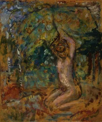 Kis akt, felemelt karokkal, tájban, 1907 körül (ragasztós festmény a táblán, bölcsős panelre fektetve)