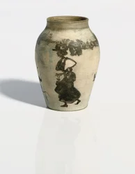 Kis váza: utcakép, 1894-95 körül (indiai tinta mázatlan, festett porcelán balusztervázán)