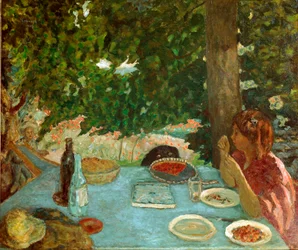 A cseresznyés pite Fiatal nő ül egy asztalt a kertben. Pierre Bonnard (1867-1947) festménye 1908 Dim. 115x126 cm Zürich, Collection Peter Nathan