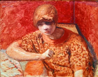 A narancssárga blúz Fiatal álmodozó nő ül egy asztal piros alapon. Pierre Bonnard (1867-1947) festménye 1913 Dim. 52x67 cm Párizs, Magángyűjtemény