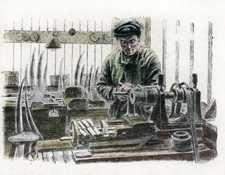 Egy elefánt agyarakat faragó elefántcsont-munkás a műhelyében, aki elefánt-agyarat farag (Elefántcsont-agyarat farag) Gravírozás a „” Excursion a travers les metiers” című könyvéből, Pierre Calmette Collection privee
