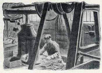 Evőeszköz-bélyegzés malommal Gravírozás az „Excursion a travers les metiers” című könyvéből, Pierre Calmette magángyűjtemény