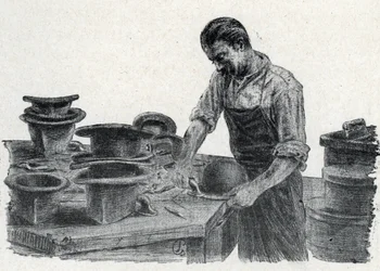 Kalapos: egy tányérkalap éleinek rögzítése (Bowler sapka készítése) Gravírozás a Pierre Calmette Magángyűjtemény „Excursion a travers les metiers” című könyvéből