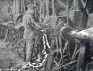 Bőripar: mechanikus szőrmenyírás. Metszet a Pierre Calmette Magángyűjtemény „Excursion a travers les metiers” című könyvéből