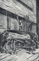 Ingatlanmesterek: színpadi díszletek felállítása az előadás előtt Gravírozás a Pierre Calmette magángyűjtemény „Excursion a travers les metiers” című könyvéből