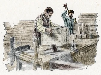 Savonnerie: le découpage des breads de soap (szappandarabok gyártása) Gravírozás a Pierre Calmette „Kirándulás a szakmák között” című könyvéből Magángyűjtemény