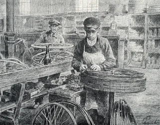 A bicikli küllőit a gyártás során a felnihez rögzítő munkások (kerékpárok gyártása) Gravírozás a Pierre Calmette Magángyűjteményből