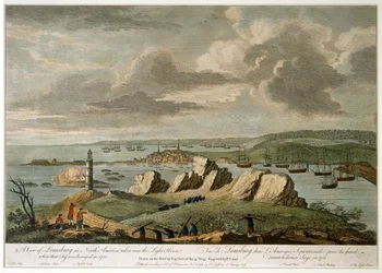 „Az észak-amerikai Louisburg képe, a Világítótorony közelében, amikor azt a várost 1758-ban ostrom alá vették” (vonalmetszet, színes)