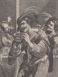 Az ember levest iszik, miközben két ember nézi, 1624-75.