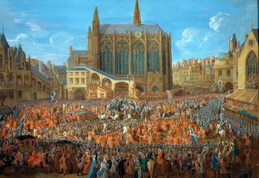 XV. Lajos király (1710-1774) elhagyja az igazságszolgáltatás ágyát a párizsi Palais de Justice-ban 1715.09.12-én La Sainte Chapelle est látható – Pierre Denis Martin (1663-1742) gouache festménye 1715 - Párizs, musee Carnavalet – XV. Lajos távozása (