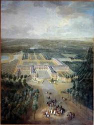 Perspektivikus kilátás a trianoni kastélyra és kertekre: XV. Lajos király sétánya lóháton. Pierre Denis Martin (1663-1742) festménye. 18. század. Homályos. 2,96 x 2,23 m. Versailles, musee du Chateau – Perspektivikus kilátás Tria kastélyára és kertjére