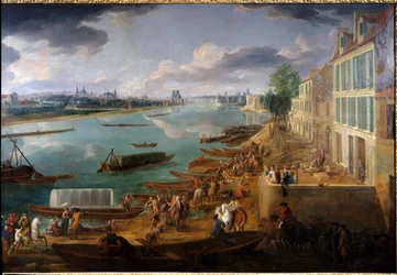 Párizs kilátása, a Quai de la Rapee-ről 1716-ban Részlet a Szajnán lévő hajókról és a tevékenységekről. Pierre Denis Martin (1663-1742) festménye 1716 V. 1,7x3,15 m Párizs, Musee Carnavalet.