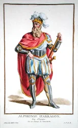 V. Alfonz (1396-1458) Aragónia és Szicília királya, a "Recueil des Estampes, representant les Rangs et les Dignites, suivant le Costume de toutes les Nations existantes" című, 1780-ban megjelent kiadványból (kézi színezett metszet).