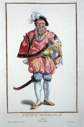 Egy svájci bíró ruhája a „Receuil des Estampes, Representant les Rangs et les Dignites, az összes létező nemzet viselete szerint”, 1780-ban (kézzel festett metszet)