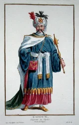 Kaugun császár az 1780-ban kiadott "Lenyomatok gyűjteményéből, rangokat és méltóságokat képvisel, az összes létező nemzet viselete szerint" (kézzel színezett metszet)
