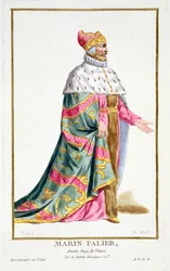 Marino Falier (1274-1355) velencei dózse a "Receuil des Estampes, Representant les Rangs et les Dignites, suivant le Costume de toutes les Nations existantes" című, 1780-ban megjelent kiadványból (kézzel színezett metszet).