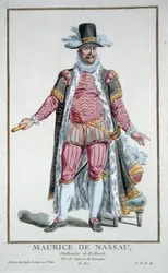 Maurice nassaui herceg (1567-1625), a Holland Köztársaság városháza, a "Receuil des Estampes, representant les Rangs et les Dignites, suivant le Costume de toutes les Nations existantes" című, 1780-ban megjelent kiadványból (kézzel színezett metszet).