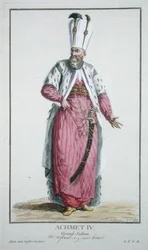 IV. Achmet szultán (r.1603-17) a Receuil des Estampes-ből, a rangokat és a méltóságokat képviselő, az összes létező nemzet viselete szerint, 1780-ban (kézzel színezett metszet)