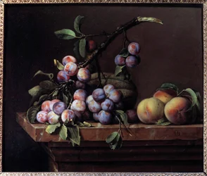 Szilva, tök és őszibarack márványtablatúrán Pierre Dupuis festménye (1610-1682) 1650 V. 0,51x0,6 m