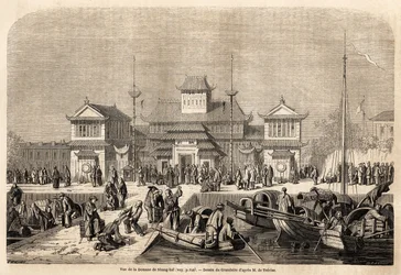 A sanghaji vámépület, Grandsire rajza Moges márki 1857-1858-as kínai és japán utazásának illusztrálására. Metszet a „” Le tour du monde, nouveau Journal des voyages”” Párizsban