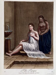 Török lány, akinek befonják a haját a fürdőben - a „” 100 levente különböző nemzeteit ábrázoló gyűjtemény 1707-ben és 1708-ban” M. de Frriol, a király portai nagykövetének parancsára, és 1712-1313-ban frissítve. M. Le Hay gondozásában,