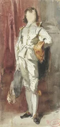 Álló fiú Van Dyck jelmezben, vörös függöny elé állítva