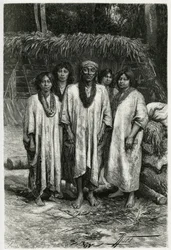 Chief Lacandon és Lacandon típusok, Maya emberek, akik Chiapas (Mexikó) dzsungelében élnek. P. Fritel metszet, a „” Utazás Yucatánba és a Lacandonok földjére” című történet illusztrálására 1882-ben, Desire Charnay (1828-1915) régész és fotós