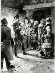 Egy német tiszt Boulle de tallow-t kéri cserébe az összes utas szabadságáért, akiket letartóztattak a szorgalom során. Guy de Maupassant (1850-1893) "" Faggyúgolyó" -ban. Illusztráció: P. G. Jeanniot (1848-1934). Megjelent Ollendorff i