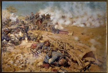 1870-es háború: „” Tűzvonal a Rezonville-i csatában 1870. augusztus 16-án”” Pierre Georges Jeanniot (1848-1934) festménye 1886 V. 2x3 m Pau, Szépművészeti Múzeum – 1870-es háború: Tűzvonal a rezonville-i csatában, augusztus 16.
