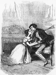 Illusztráció Fekete bárányhoz, Honore de Balzac (1799-1850) regénye az Emberi komédia című többkötetes gyűjteményből, Pierre Gustave Eugene Staal (1817-1882) metszete
