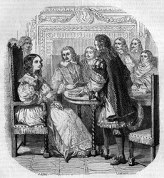 Suede Christine királynő (1626-1689) látogatása a párizsi Academy Francaise-ben Richelieu bíboros jelenlétében, G. Staal metszete