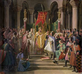 Philip Augustus (1165-1223) Franciaország királya, átveszi a zászlót St. Denisben, 1190. június 24., 1841.