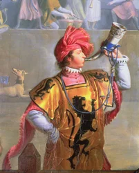 Egy torna jelenete a tizennegyedik században, a hírnök részlete, 1812-es részlet a 89702-ből, olaj, vászon