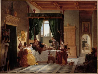Bayard felépülése Pierre Terrail lovag, Bayard ura (1476-1524) Brescia ostroma utáni kovaleszcenciában. Pierre Henri Revoil (1776-1842) festménye 19. század V. 1,35 X 1,77 m