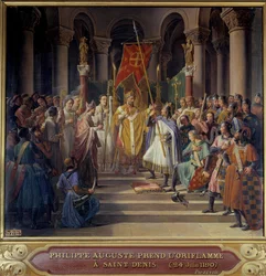 Harmadik keresztes hadjárat: „” Fülöp Augustus király (1165-1223) elfoglalja a Saint-Denis oriflame-t, és átveszi a darázst és a pelerint nagybátyja, William Archeveque of Reims és III. Kelemen pápa legátja kezéből, mielőtt elutazott volna. t