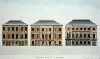 Házak Gentben és Grammontban, Belgiumban, Pierre Jacques Goetghebuer „Válogatás a Holland Királyság legjelentősebb műemlékeiből, épületeiből és házaiból”, 1827-ben (akvatinta)