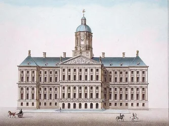 Az amszterdami királyi palota, Pierre Jacques Goetghebuer „Válogatás a Holland Királyság legkiemelkedőbb műemlékeiből, épületeiből és házaiból”, 1827-ben (akvatinta)