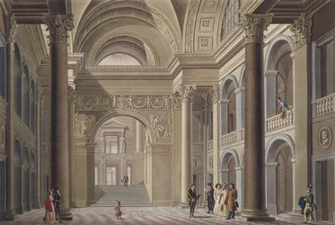 A genti Akadémiai Palota előszobája, Pierre Jacques Goetghebuer, a Holland Királyság legjelentősebb műemlékei, épületei és házai válogatásából, L. Roelandt metszet, megjelent