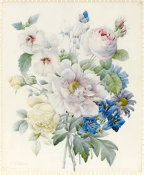 Egy csokor virág, köztük bazsarózsa, rózsa, hibiszkusz, őszirózsa, encián és egy képzeletbeli kék pillangó (grafit és wc gumiarábikum nyomokkal, grafiton a pergamen)