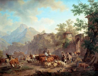 Indulás a csordákból a hegyre A transzhumances bemutatkozása. Pierre Louis Larive (de la Rive) Godefroy (1735-1817) festménye 1813 Geneve, Művészeti és Történeti Múzeum